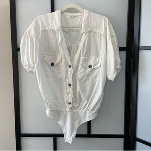 [m] Free People Boho White Brown Button Cotton Linen Blend Body Suit Women’s
